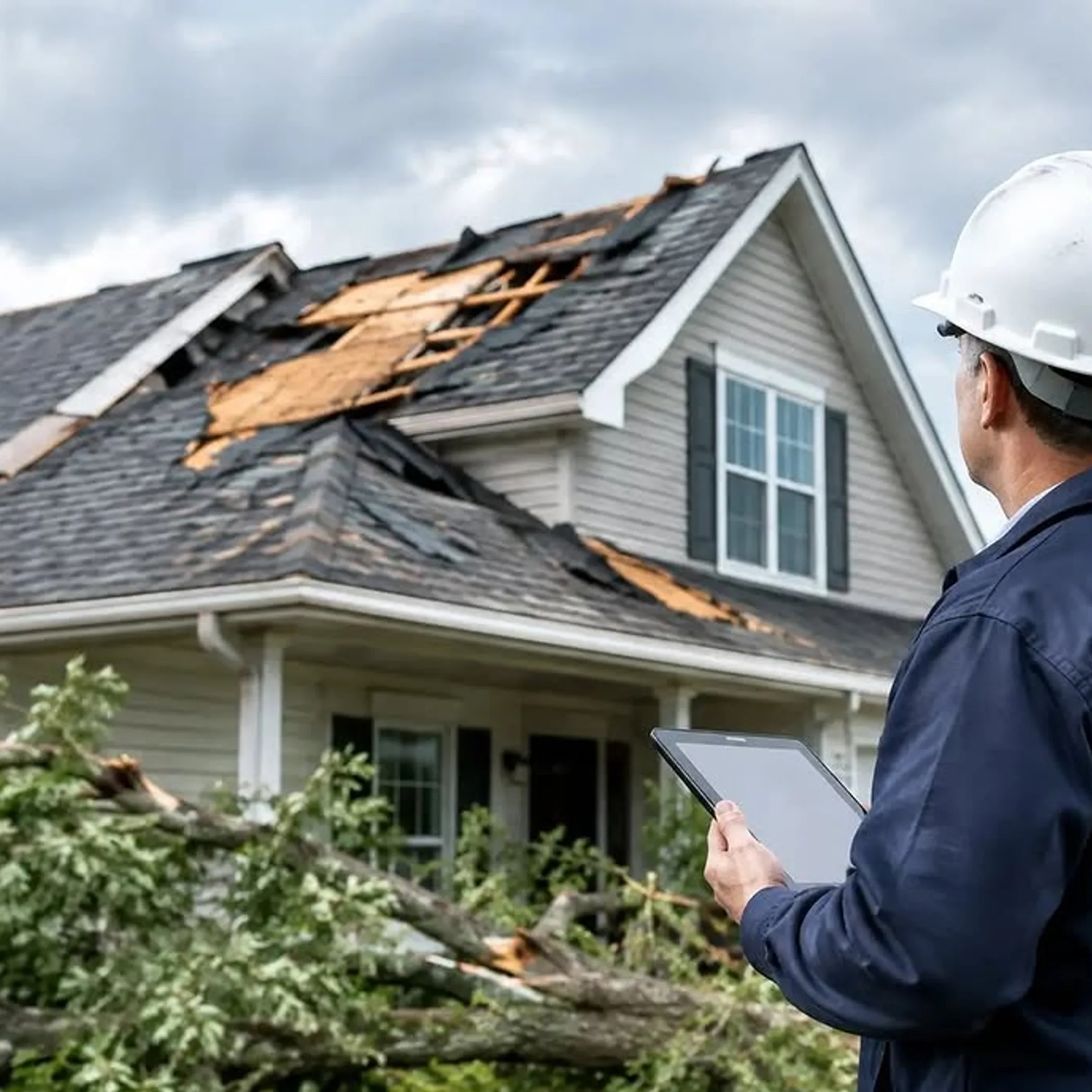 damaged roof with inspector